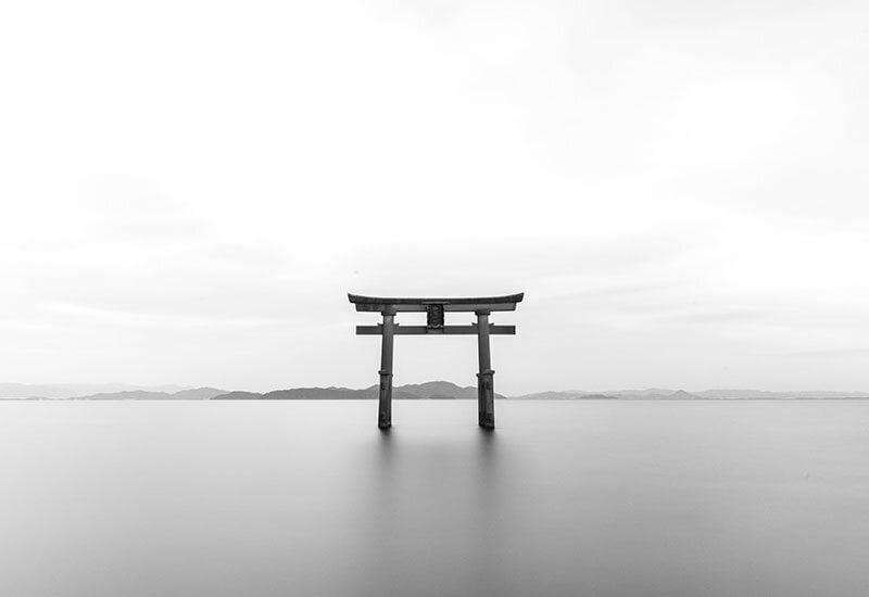 Japanese structure in water, black and white photo