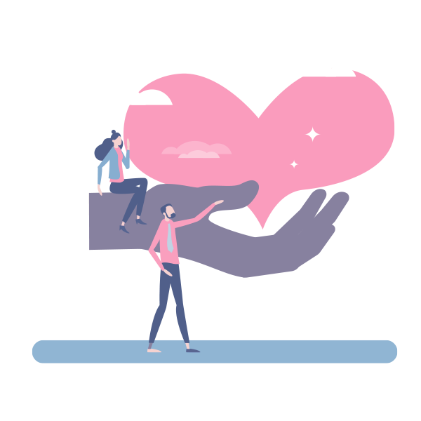 graphic of hand holding a heart, and two people looking forward to planning their future
