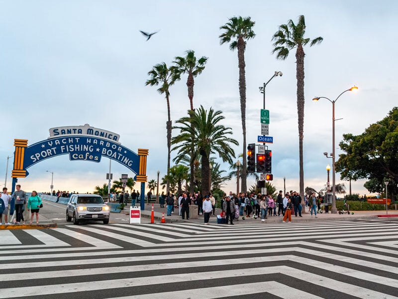 striped streets intersection by beach in Santa Monica, CA