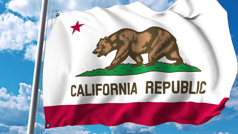 state flag of California against blue Los Angeles sky