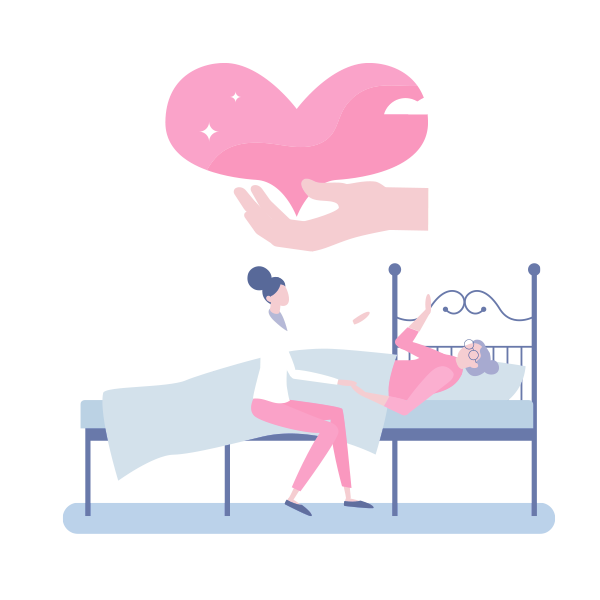 graphic of hospice care professional comforting a patient, with a hand holding a heart floating overhead