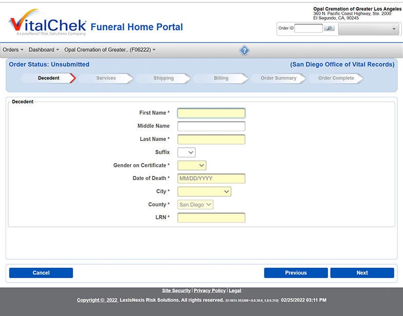 Vitalchek online death certificate form page screenshot