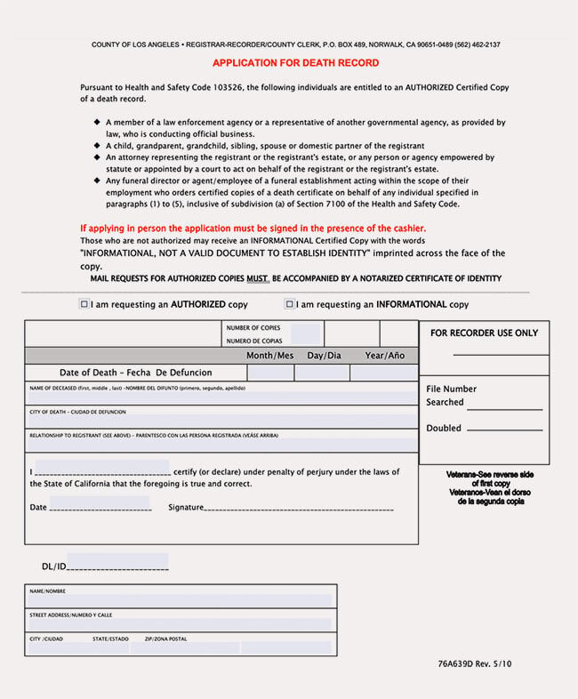 los angeles county death certificate form screenshot