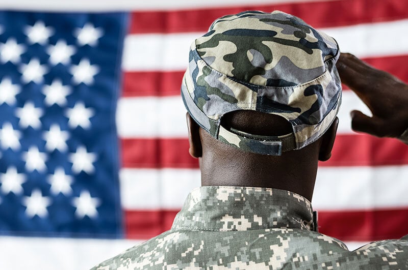 army veteran in fatigues saluting American flag at a memorial service