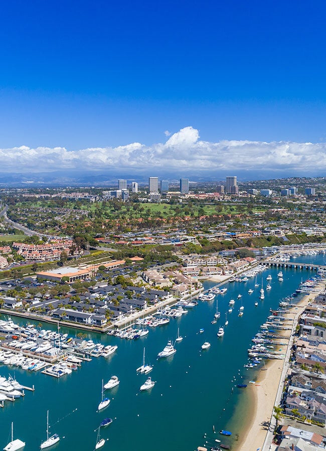 Opal Cremation Services of Orange County aerial view of orange county showing harbor, neighborhoods, and downtown Anaheim in distance