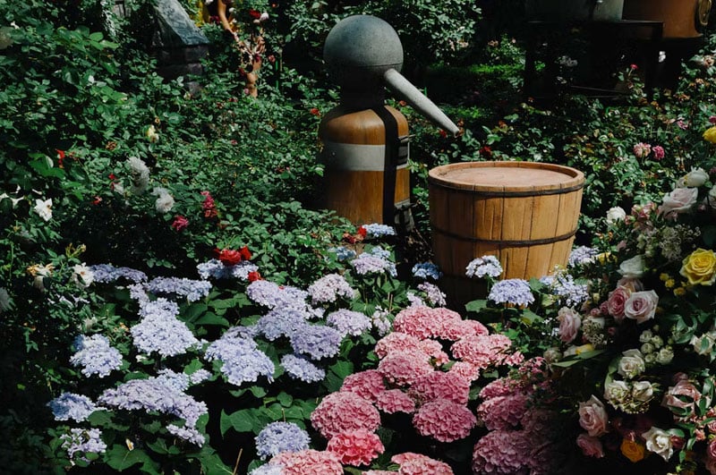 backyard memorial garden with white and pink flowers and small water barrel