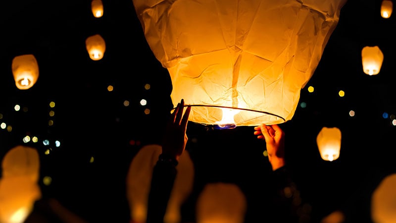 memorial release of floating lanterns in the night sky