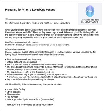 Opal's 'preparing for the loss of a loved one' first call guide for families and hospice care workers