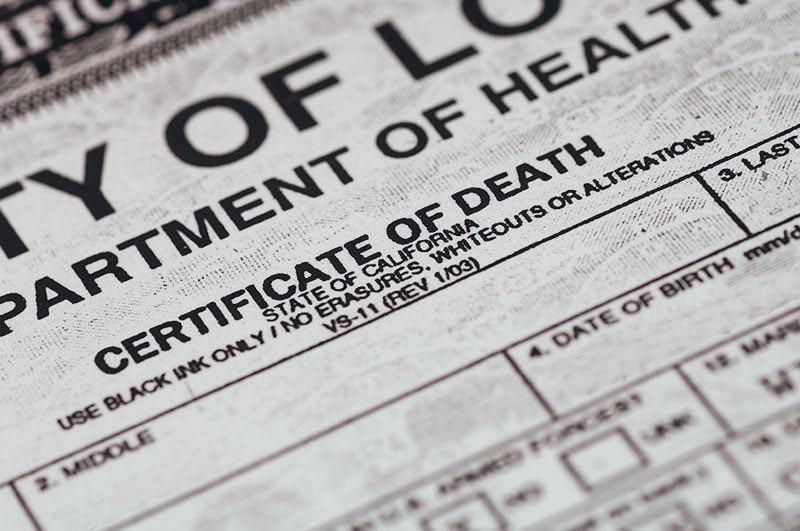 close up of a California death certificate