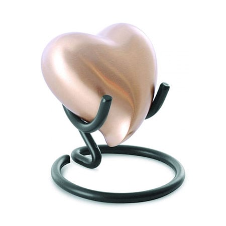 Keepsakes – Brass Heart pink brass heart keepsake on metal stand, cremation ash keepsake