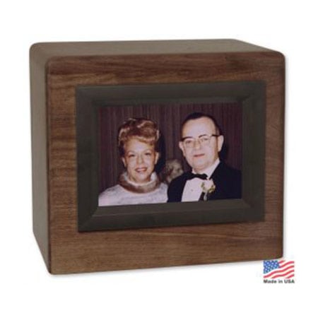 wooden companion urn with photo of deceased couple on front