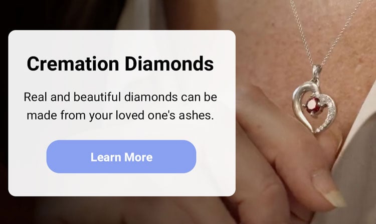 ad for cremation diamonds, woman wearing necklace with ash diamonds in heart shape