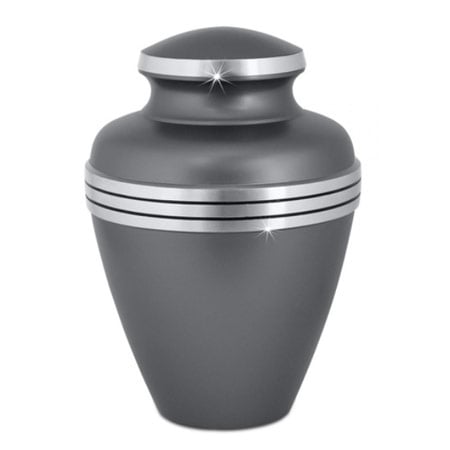 gray cremation urn with silver stripes