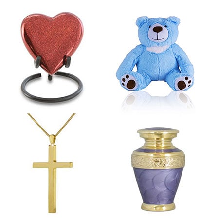 various keepsake options for cremated remains, including metal heart, teddy bear, cross necklace, and mini urns