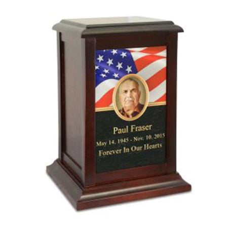 Wood Urn for Veterans wood cremation urn with american flag and photo of veteran