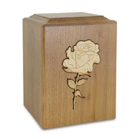 wooden urn with rose design on front