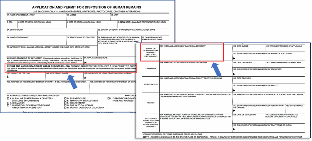 California Application and Permit for Disposition of Human Remains Required for All Cremations in Los Angeles and Orange Counties.
