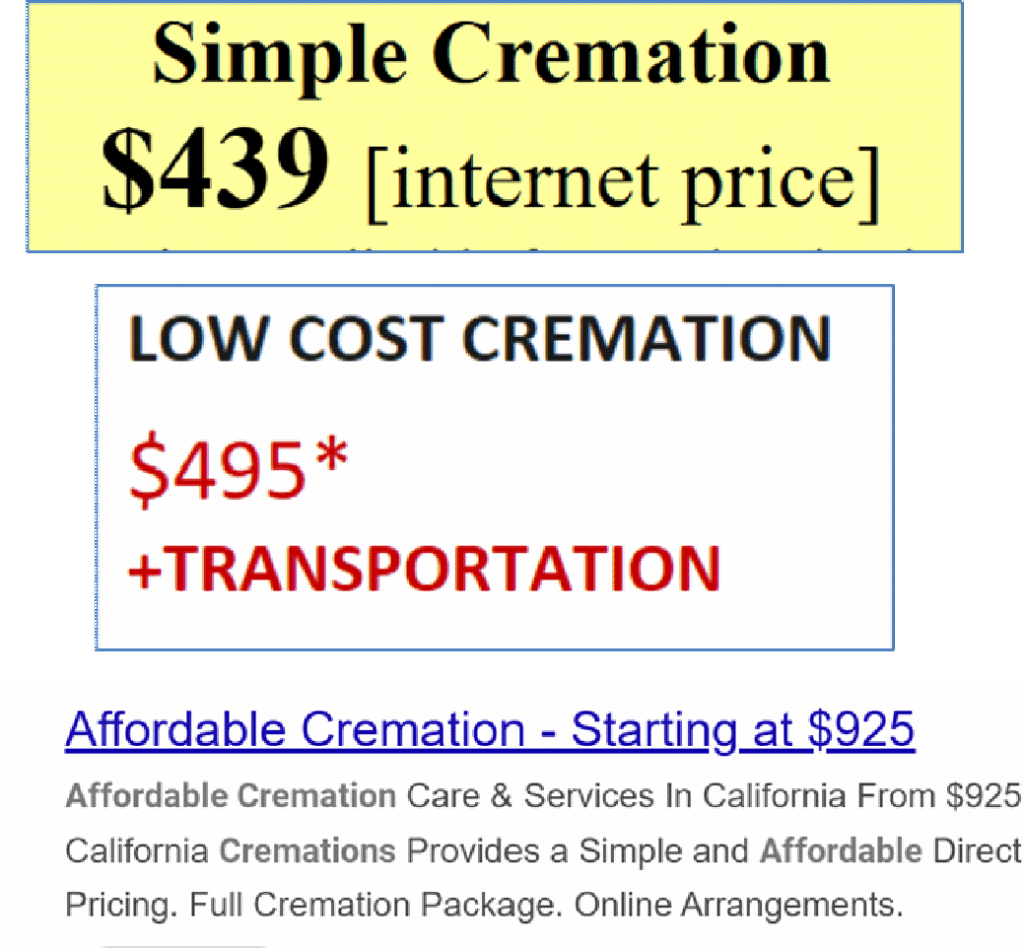 Online ads for direct cremation services in California