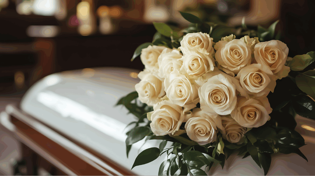 a casket at a funeral home in Los Angeles for a funeral service