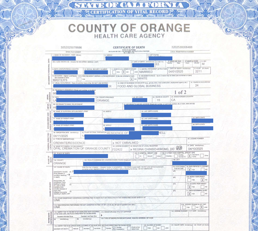 a California-certified death certificate issued by the Orange County Health Care Agency