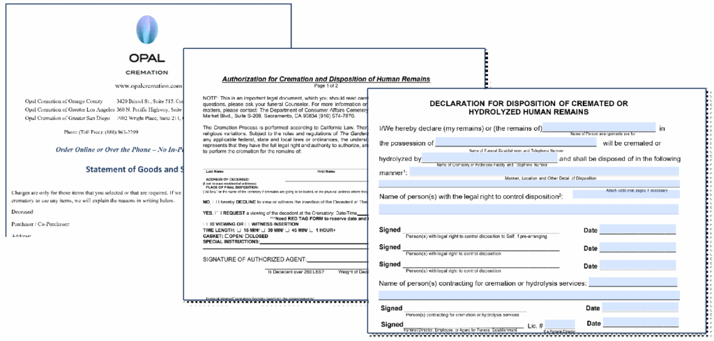 Opal Cremation Statement of Goods and Services, Authorization for Cremation, and the Declaration for Disposition of Cremated or Hydrolyzed Human Remains in California