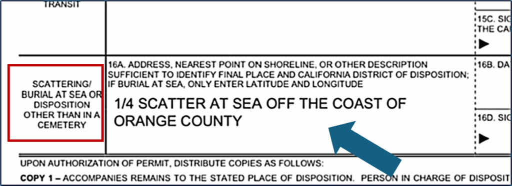 Sample California disposition permit for a sea scattering ceremony following direct cremation, showing “1/4” of remains to be scattered off Orange County.