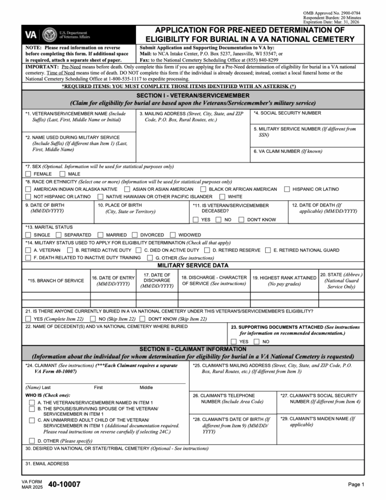 Form 40-10007 for eligibility for military funeral benefits in Los Angeles and throughout the U.S.