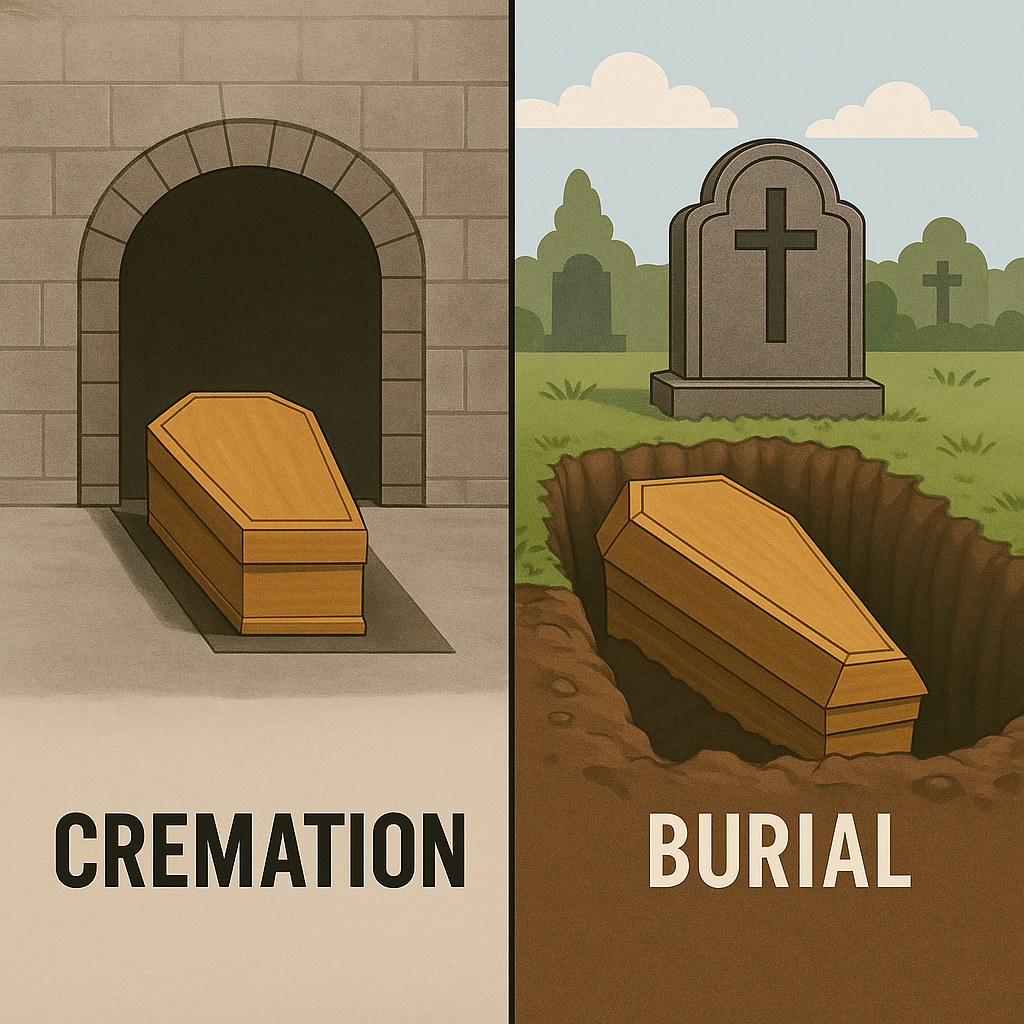 Graphic showing the choice between cremation and burial in Los Angeles