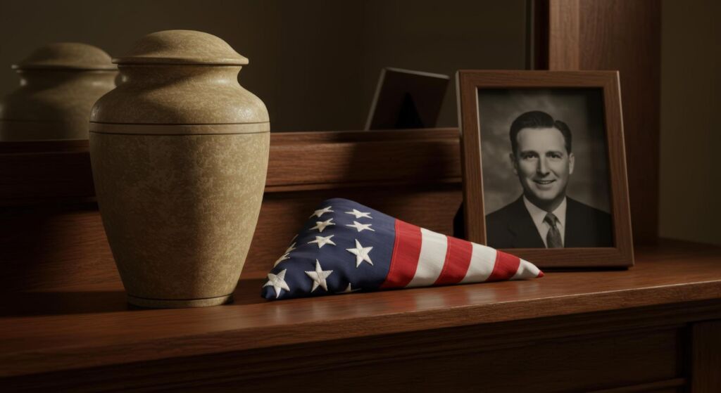  Image of urn and American flag symbolizing cremation in Los Angeles for veterans