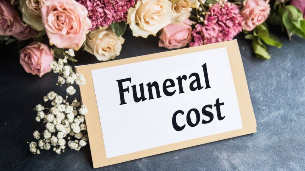Funeral cost sign with flowers in the background