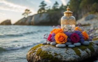 Colorful flowered urn against the sea's backdrop