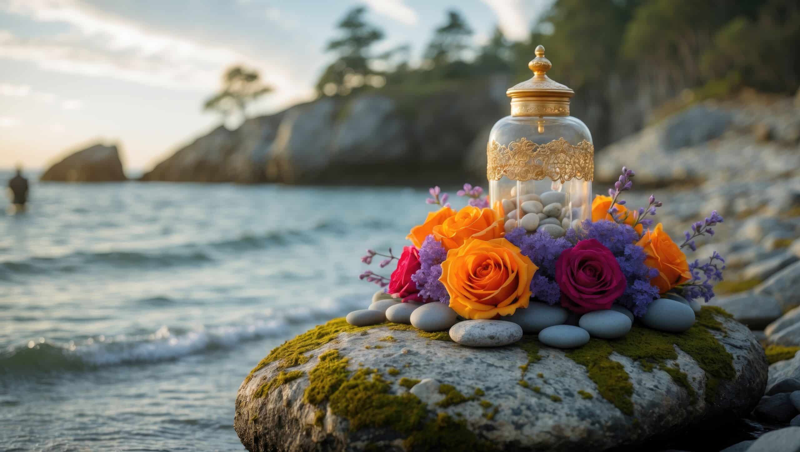 Colorful flowered urn against the sea's backdrop