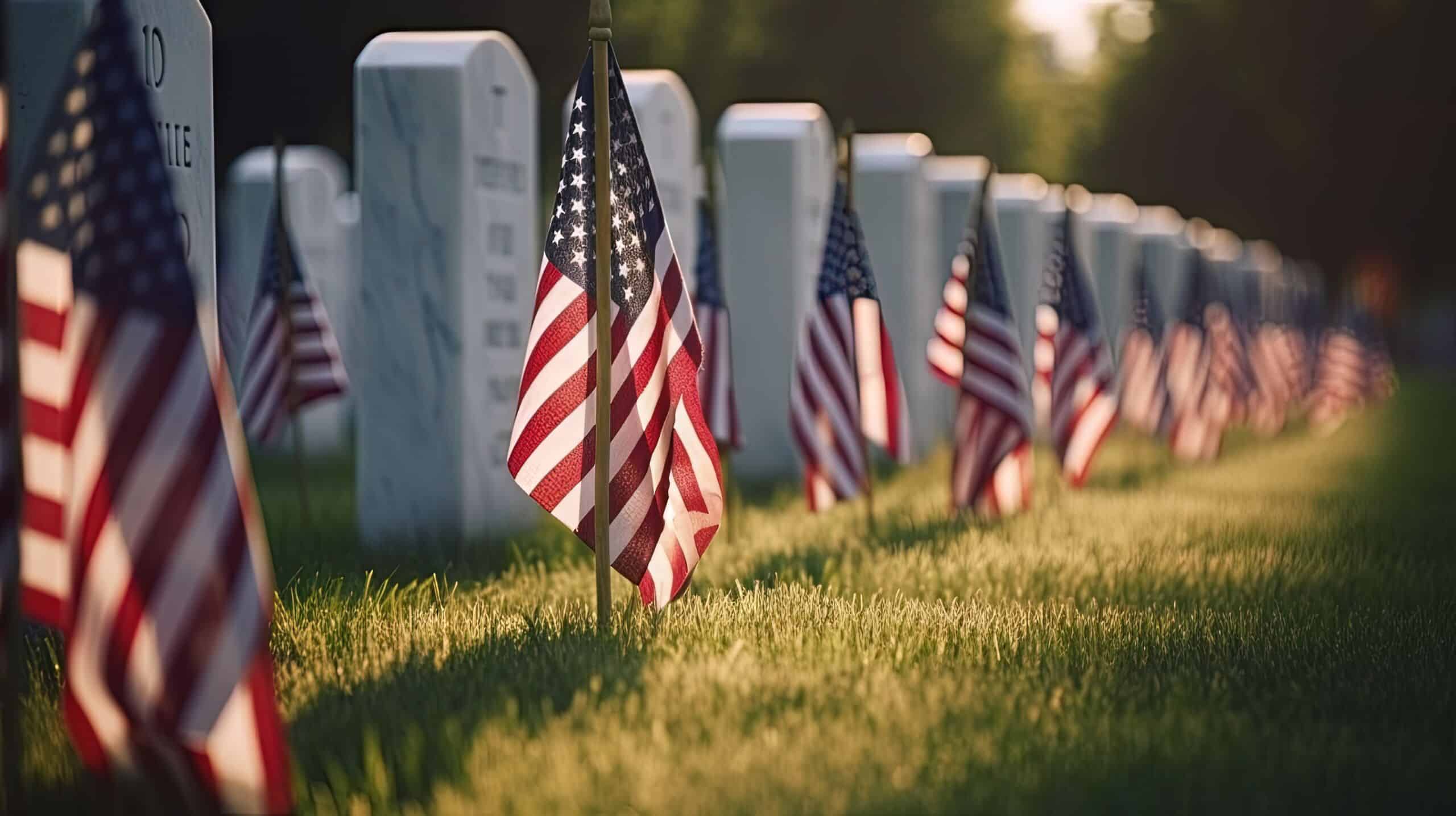 US Flag at Military Cemetery on Veterans Day or Memorial Day. Concept National holidays, Flag Day, Veterans Day, Memorial Day, Independence Day, Patriot Day.