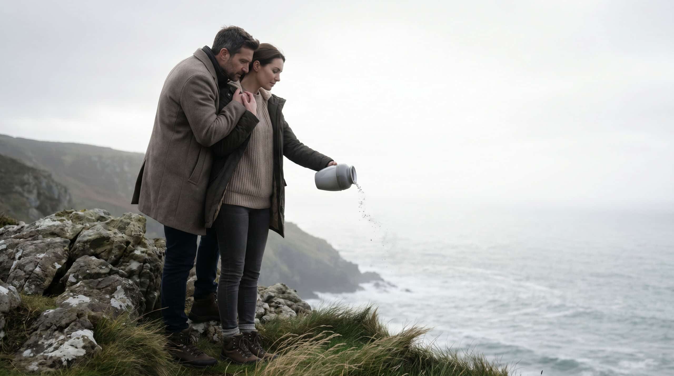 A man and woman scatter ashes on land in California